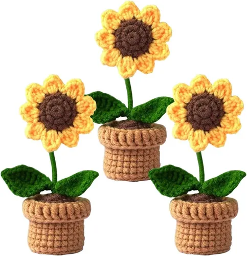Vista 9 de JOONOR 3 mini plantas de ganchillo en maceta de girasol, flor de ciruelo falsa de punto para baño, hogar, cocina, mesa rústica, centro de mesa
