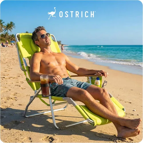 Vista 9 de Ostrich Silla reclinable de salón, Tumbona plegable de lujo para exteriores 3 en 1, Verde Lima - Reclinador compacto y portátil para bronceado