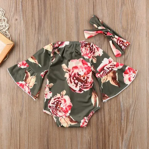 Vista 9 de Mameluco de manga larga con diseño de flores de encaje para bebé, color liso, conjunto de ropa con diadema