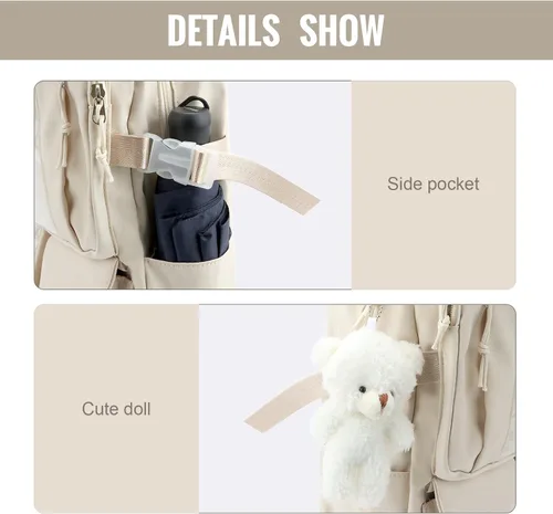 Vista 5 de Linda mochila Kawaii mochila con pin y accesorios, Blanco, Classic