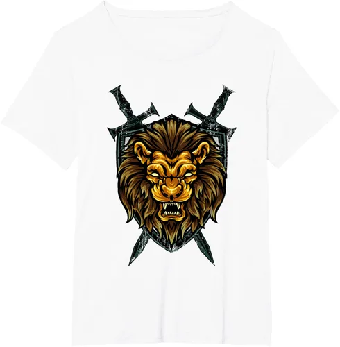 Vista 108 de Camiseta con diseño de caballero medieval renacentista, con diseño de espada de león, Negro, S