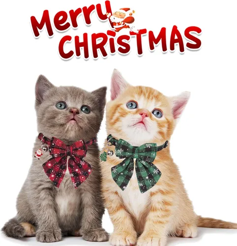 Vista 3 de PTDECOR Paquete de 2 Collares Navideños para Gatos, Collar de Gato Navideño con Corbatín y Campanilla Desmontables, Collares Navideños de Liberación