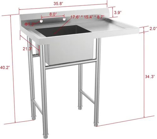 Vista 5 de Bonnlo Fregadero de acero inoxidable 304 con escurridor, fregadero de banco de trabajo de un compartimento, fregadero comercial para restaurante