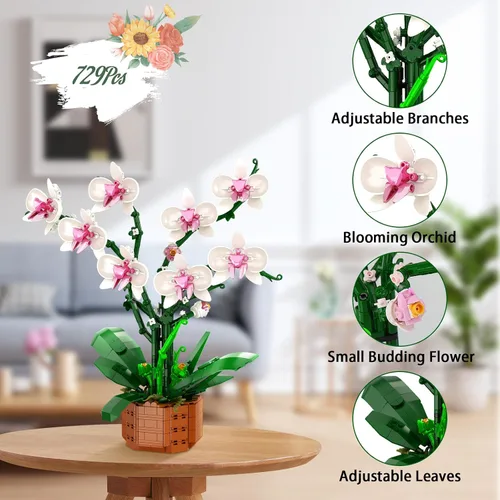 Vista 3 de Bilinott Juego de Bloques de Construcción de Flores de Orquídea, Conjunto de Construcción de Flores Artificiales de Interior para Hogar, Cocina