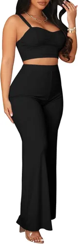 Vista 3 de Trajes casuales de dos piezas para mujer, sexy, de verano, halter, ombliguera, cintura alta, pantalones de pierna ancha, 5655 Negro