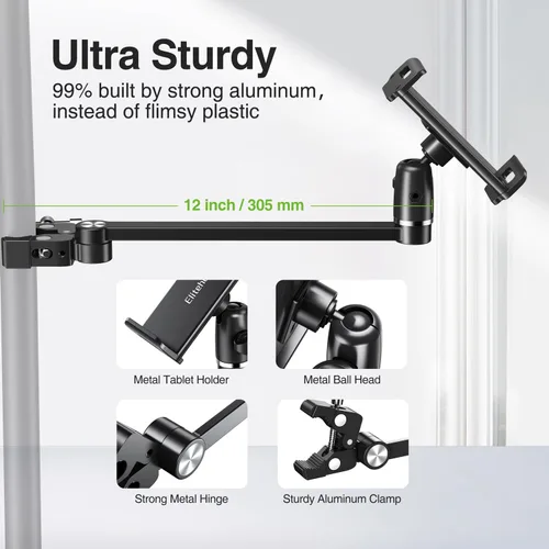 Vista 6 de elitehood Soporte de micrófono para iPad de brazo extra largo de 12 pulgadas, soporte de iPad ajustable de 360° para soporte de micrófono, soporte