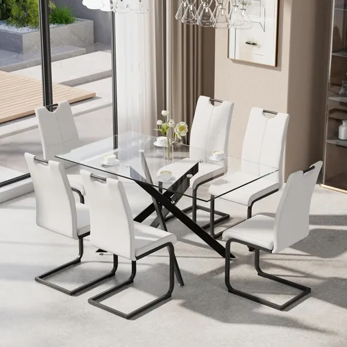 Vista 23 de Juego de mesa de comedor de 5 piezas para 4, mesa rectangular moderna de cristal con 4 sillas tapizadas de cuero, juegos de mesa y sillas de comedor