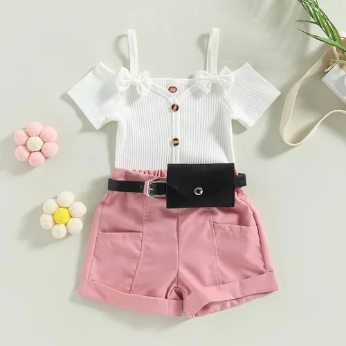 Vista 57 de TheFound Trajes de verano para niñas pequeñas, sin mangas, de punto acanalado, halter, pantalones cortos, ropa para recién nacidos, conjunto de 3