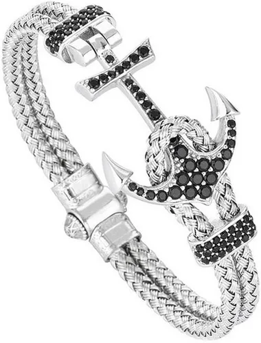 Vista 2 de Brazalete de ancla para hombre con ancla de acero inoxidable y correa de piel negra BCB-0125
