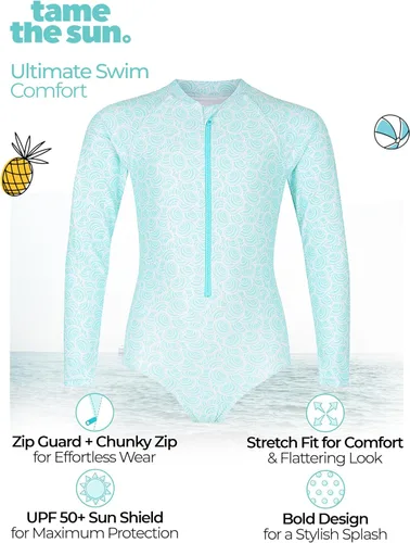 Vista 4 de Tame the Sun Traje de baño de manga larga para niña, con volantes, UPF 50+ con cremallera, traje de baño para edades de 3 a 12 años