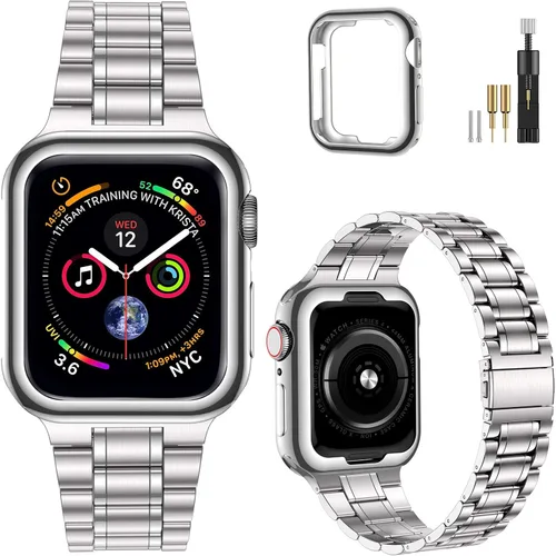 Vista 15 de MioHHR - Correas sólidas de acero inoxidable compatibles con Apple Watch de 38 mm, 40 mm, 41 mm, correa de metal con estuche suave de TPU para Negro