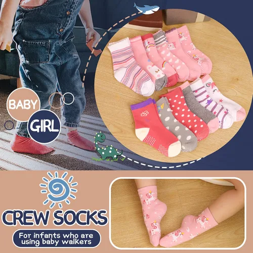 Vista 4 de ANTSANG Calcetines de algodón a rayas de unicornio para bebés, niñas y niños pequeños