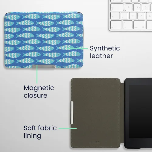 Vista 5 de kwmobile Funda compatible con Amazon Kindle PaperWhite - Funda para lector electrónico - Azul pez pequeño/azul claro/blanco