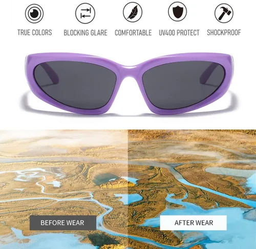 Vista 3 de BAWUYI Y2K - Gafas de sol envolventes para hombres y mujeres gafas cibernéticas deportivas con protección UV400 marco morado lente gris