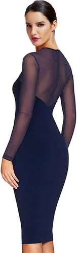 Vista 2 de Maketina Vestido bandage entallado para mujer, de fiesta, con abertura tipo cerradura, largo bajo la rodilla y mangas largas transparentes