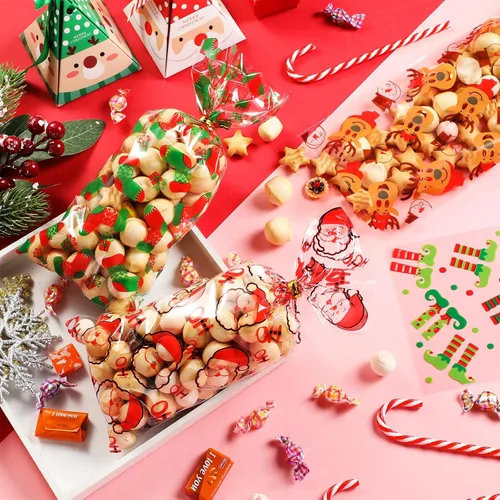 Vista 5 de Blulu 180 bolsas de fiesta de Navidad, bolsas de plástico de celofán de Papá Noel con 200 lazos dorados y plateados para vacaciones, fiestas