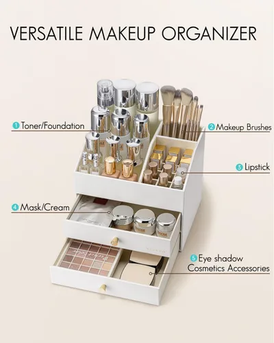 Vista 3 de VLANDO Organizador de maquillaje de 3 capas con 2 cajones grandes para A. Blanco