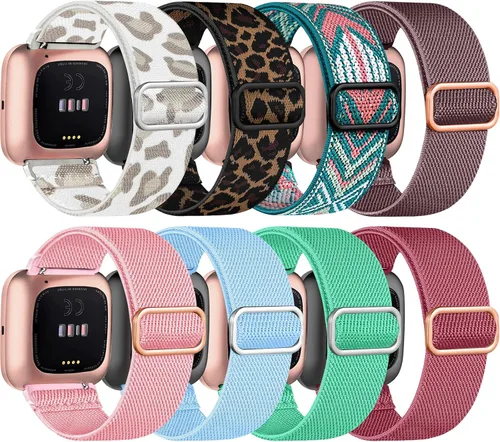 Vista 17 de Paquete de 8 bandas elásticas compatibles con Fitbit Versa 2/Lite/SE para mujeres y hombres, correa trenzada de nailon elástico ajustable Solo Loop