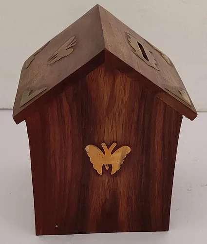 Vista 3 de Sharvgun Banco de dinero de madera en forma de casa con forma de alcancía, caja de almacenamiento de ahorro de monedas para niñas y niños 5.5 x 4
