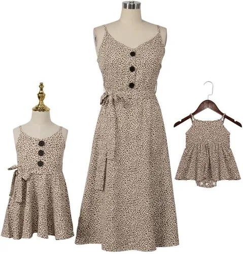 Vista 5 de Mommy and Me - Conjunto de trajes a juego de verano casual lindo estampado floral de leopardo acampanado vestido de playa con bolsillos