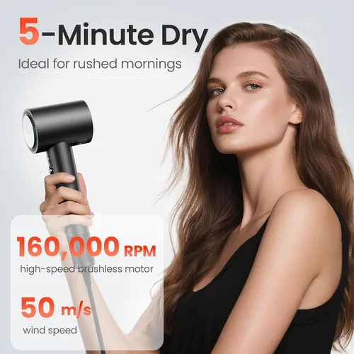 Vista 2 de Secador de pelo, 160,000 rpm, secador iónico de alta velocidad para secado rápido, secador de pelo ligero profesional con difusor, boquilla