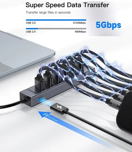 Vista 2 de FORIDA Aluminum USB to Ethernet Adapter with 7-Port USB Hub, RJ45 Adapter Gray