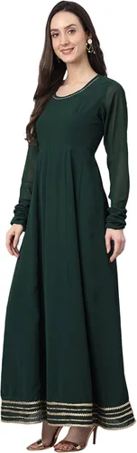 Vista 5 de Janasya Botella de mujer india verde Georgette sólido Kurta con Dupatta