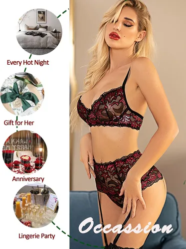 Vista 26 de Avidlove - Conjunto de lencería para mujer de cintura alta, lencería con cinturón, lencería