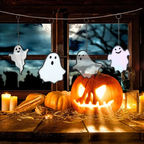Vista 3 de Yungyan 4 piezas de fantasmas de Halloween con vitrales pintados a mano para colgar en la ventana, atrapasoles de Halloween, decoración gótica