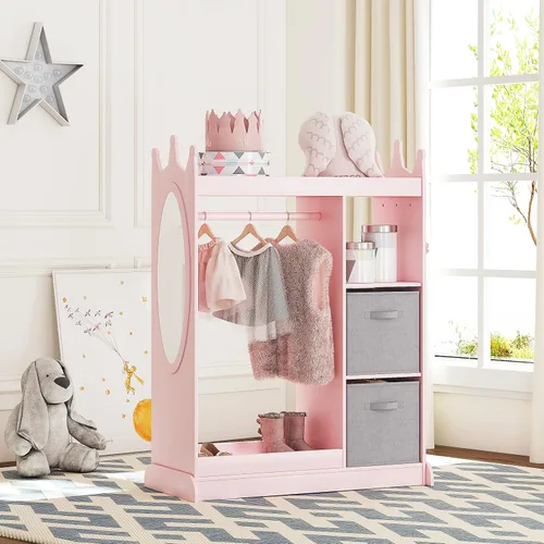 Vista 7 de UTEX Armario guardarropa para niños con espejo y contenedor de almacenamiento, rosa, 33.4 pulgadas de ancho x 15.75 pulgadas de profundidad x 44.5