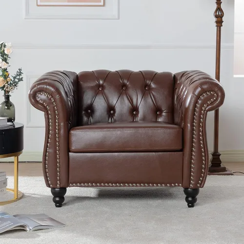 Vista 22 de LEVNARY Sillón Tapizado en Cuero, Silla Sofá Individual Estilo Mediados de Siglo Moderno con Brazos Curvos y Tachuelas, Silla Chesterfield de Cuero