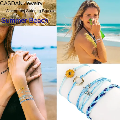 Vista 5 de CASDAN 24 pulseras de cuerda de girasol para mujer, hechas a mano, con dijes de cuerda trenzada, estilo bohemio, ajustable, impermeables