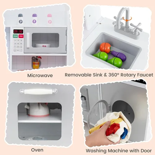 Vista 4 de Costzon Cocina de juego de 3 piezas para niños, juego de cocina de juguete de madera con refrigerador, lavadora, campana extractora, máquina