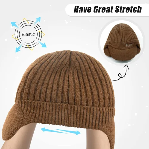 Vista 2 de BAVST Gorro de punto para hombre, gorro de invierno para mujer, gorras elásticas para exteriores, con forro polar, calentador de orejas
