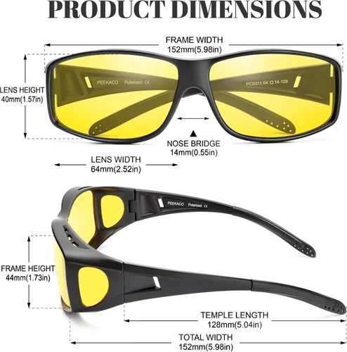 Vista 80 de Night Vision Driving Glasses for Men & Women - Polarized Anti Glare Fit Overs with Wrap-Around HD Yellow Lens