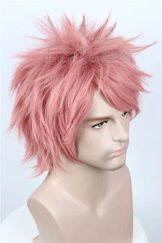 Vista 6 de Linfairy Peluca de cosplay de anime, color rosa, recta y corta, unisex, para disfraz de Halloween para hombre