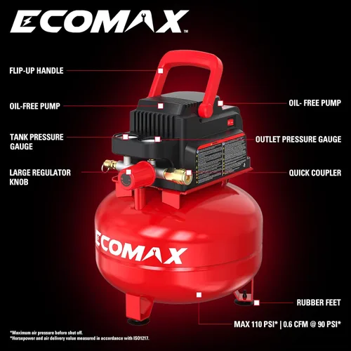 Vista 9 de ECOMAX Compresor de aire de 3 galones 110 PSI Pancake tanque portátil sin aceite con kit de accesorios de 11 piezas