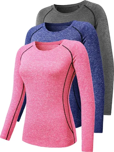 Vista 83 de CADMUS Paquete de 1 o 3 camisetas de entrenamiento de manga larga para mujer, camiseta de compresión de ajuste seco para correr