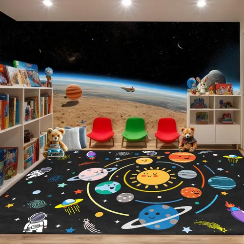 Vista 20 de Alfombra espacial para habitación de niños, alfombra de galaxia para niños, alfombras espaciales para dormitorio de niños, decoración