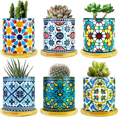 Vista 8 de Maceta de mandala para suculentas con orificio de drenaje y posavasos de bambú, macetas pequeñas, maceta de cerámica bohemia para plantas pequeñas A