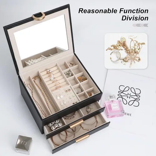 Vista 20 de Elegant Gift Jewelry Box with Mirror - 3-Layer Organizer for Earrings, Rings, Necklaces, Ready to Give for Birthday Anniversary Christmas Apricot