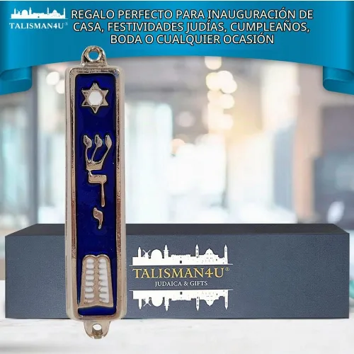 Vista 3 de TALISMAN4U Mezuzah de puerta de los diez mandamientos con esmalte azul