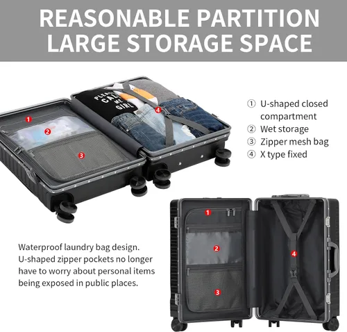Vista 5 de Equipaje de mano aprobado por aerolíneas con compartimento para laptop, equipaje multifuncional de marco de aluminio de 20 pulgadas con puerto