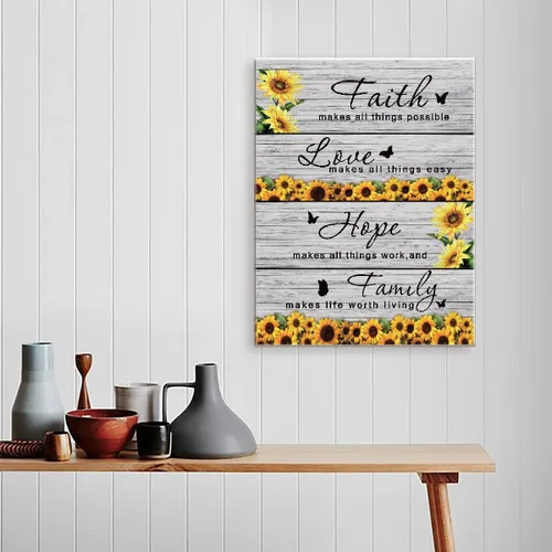Vista 4 de Arte de Pared Moderno Rústico Faith Hope Family Girasol Marco Lienzo, Pintura en Lienzo de Arte de Pared Motivacional para Decoración del Hogar
