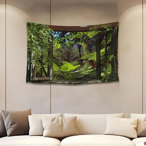 Vista 32 de QGHOT Tapiz de bosque brumoso, tapiz de montaña natural para colgar en la pared, paisaje de acuarela verde salvia, arte de pared para dormitorio