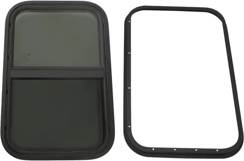Vista 2 de Ventana de caravana, ventana de remolque de lágrima, 15 pulgadas de ancho x 24 pulgadas de alto, negro, vidrio negro templado, lado del pasajero