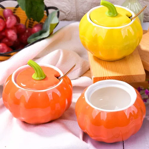 Vista 2 de Azucareros de porcelana con tapa y cucharas, cuenco de sal de cerámica con forma de calabaza para el hogar y la cocina, diseño elegante