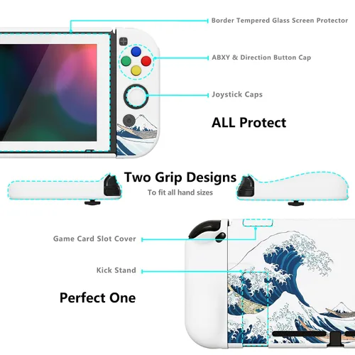 Vista 18 de PlayVital AlterGrips Ergonomic Grips Cover for Nintendo Switch, [2 Design] Interchangeable Comfort Dockable Protective Case with Screen Protector &
