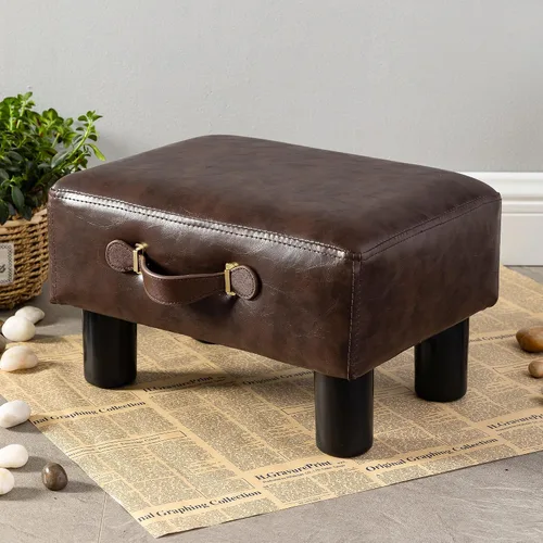Vista 9 de Taburete de pie pequeño con asa, reposapiés corto de piel sintética negra, taburetes rectangulares de almacenamiento otomano con patas de plástico