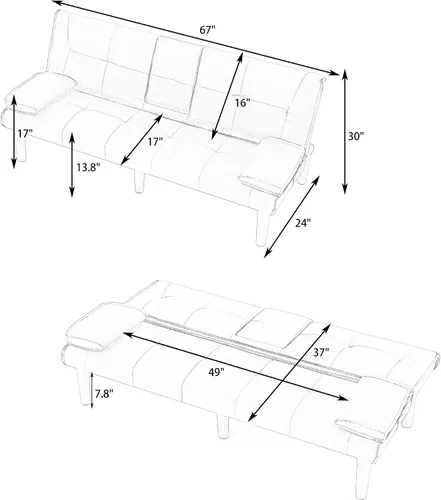 Vista 2 de Sofá cama futón moderno de 67 pulgadas, sofás cama convertibles 3 en 1 con respaldo ajustable, portavasos, cómodo sofá reclinable loveseat de cuero
